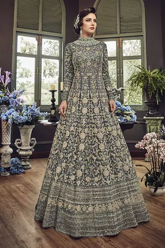 Soft premium net wedding wear gown in grey color with embroidery & stone work