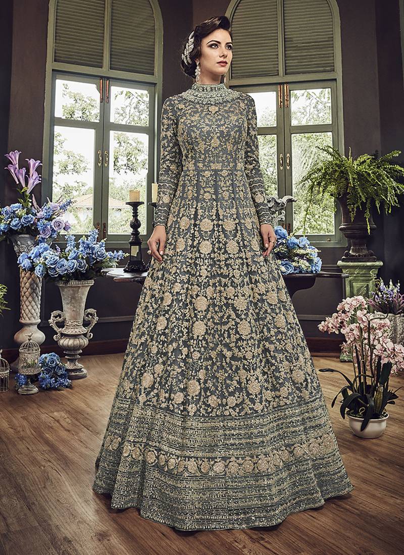 Soft premium net wedding wear gown in grey color with embroidery & stone work