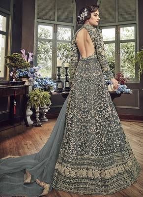Soft premium net wedding wear gown in grey color with embroidery & stone work 2