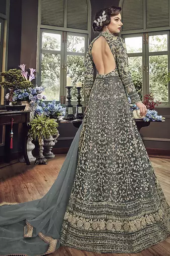 Soft premium net wedding wear gown in grey color with embroidery & stone work