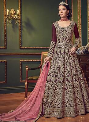 Silk wedding wear gown in maroon color with embroidery & stone work 1