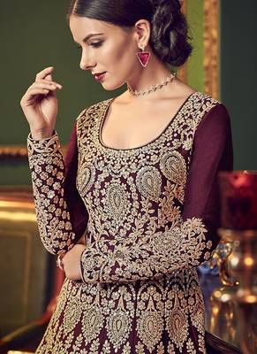 Silk wedding wear gown in maroon color with embroidery & stone work 2