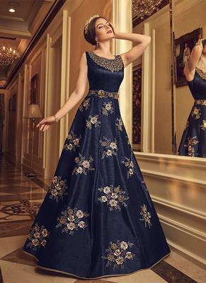 Bangalore silk party weargown in blue color with embroidery & stone work 1
