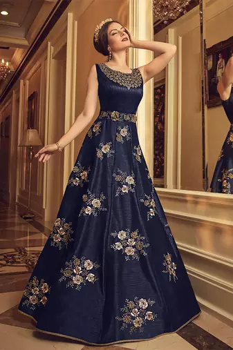 Bangalore silk party weargown in blue color with embroidery & stone work