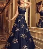 Bangalore silk party weargown in blue color with embroidery & stone work
