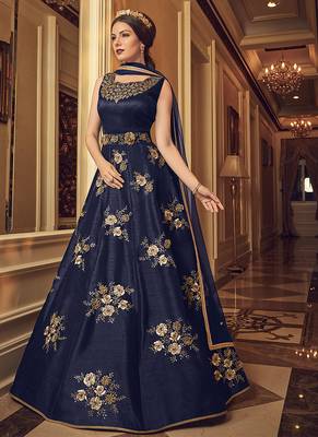 Bangalore silk party weargown in blue color with embroidery & stone work 2