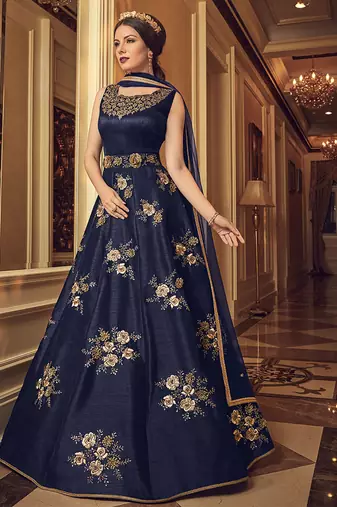 Bangalore silk party weargown in blue color with embroidery & stone work