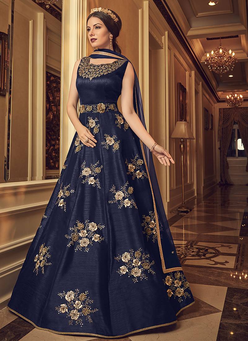 Bangalore silk party weargown in blue color with embroidery & stone work