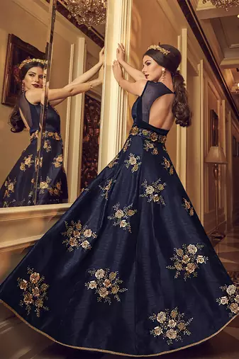 Bangalore silk party weargown in blue color with embroidery & stone work