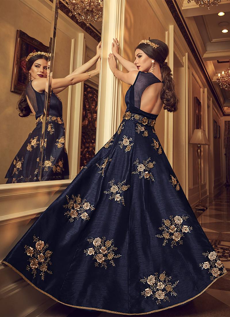Bangalore silk party weargown in blue color with embroidery & stone work