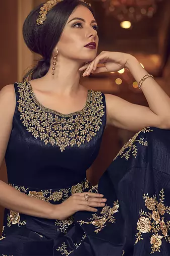 Bangalore silk party weargown in blue color with embroidery & stone work