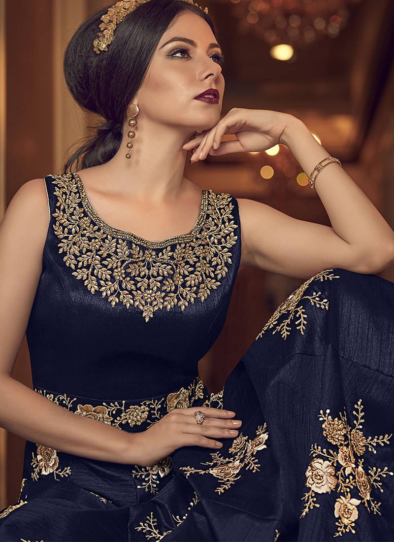 Bangalore silk party weargown in blue color with embroidery & stone work