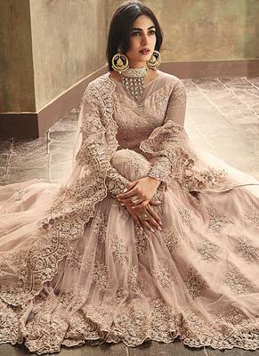Soft net party wear gown peach color with zari with embroidery & stone work 3