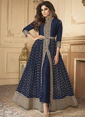 Georgette party wear anarkali suit in navy blue color with embroidery work & stone work 1