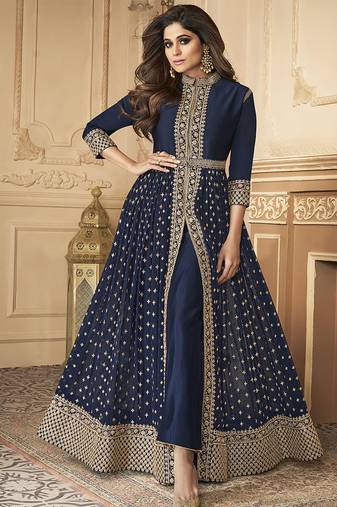 Georgette party wear anarkali suit in navy blue color with embroidery work & stone work