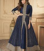 Georgette party wear anarkali suit in navy blue color with embroidery work & stone work