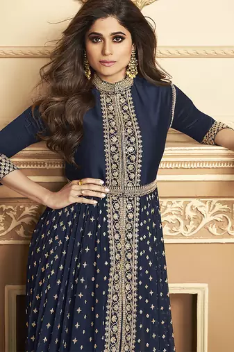 Georgette party wear anarkali suit in navy blue color with embroidery work & stone work