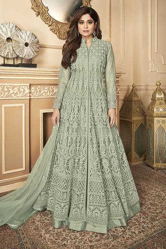 Butterfly net fabrics party wear readymade gown in light green color with embroidery work