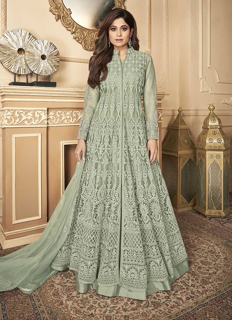 Butterfly net fabrics party wear readymade gown in light green color with embroidery work