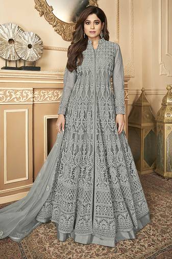 Butterfly net fabrics party wear readymade gown in grey color with embroidery work