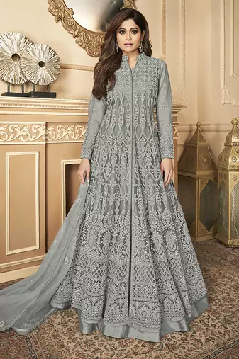 Butterfly net fabrics party wear readymade gown in grey color with embroidery work