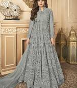 Butterfly net fabrics party wear readymade gown in grey color with embroidery work