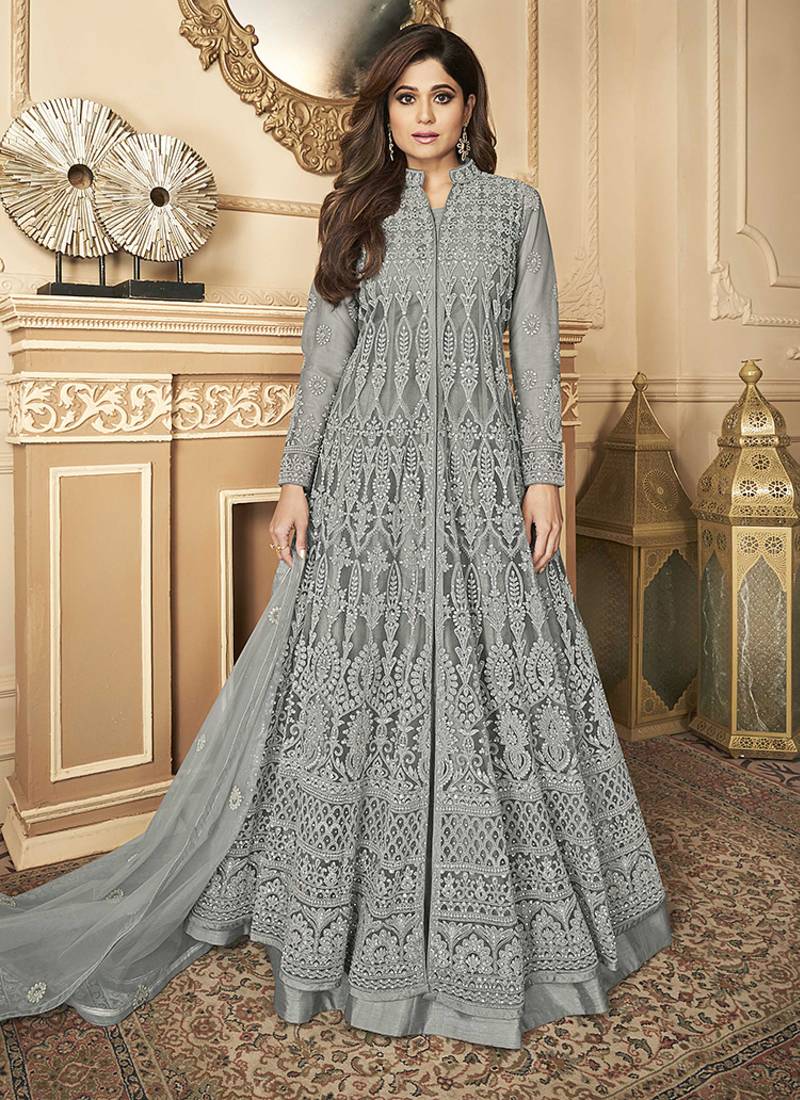 Butterfly net fabrics party wear readymade gown in grey color with embroidery work