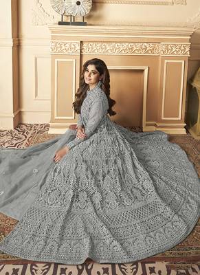 Butterfly net fabrics party wear readymade gown in grey color with embroidery work 2
