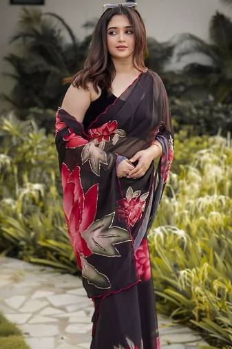 Black soft pure georgette digital print saree with khatli handwork