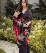 Black soft pure georgette digital print saree with khatli handwork