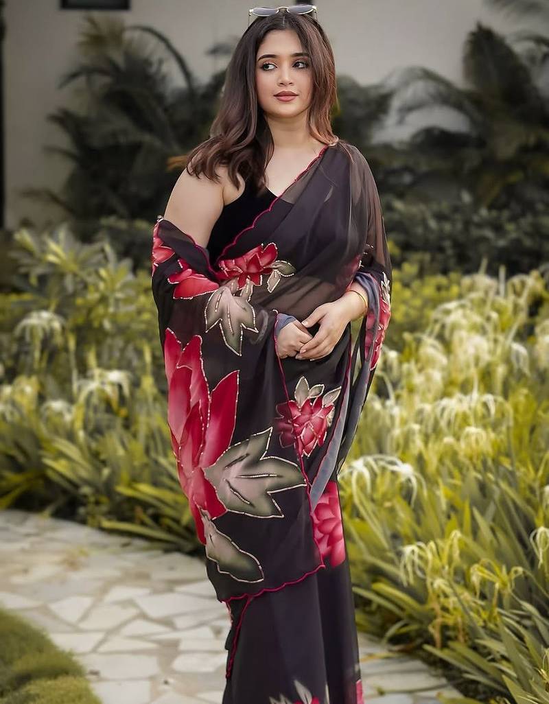 black soft georgette digital printed saree with khatli handwork