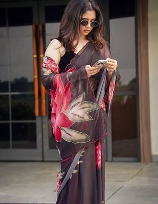 Black soft pure georgette digital print saree with khatli handwork 2