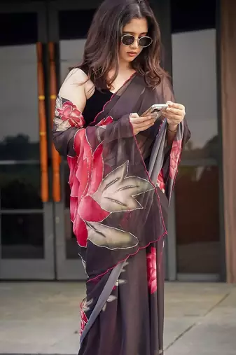 Black soft pure georgette digital print saree with khatli handwork