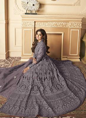 Butterfly net fabrics party wear readymade gown in wine color with embroidery work 2