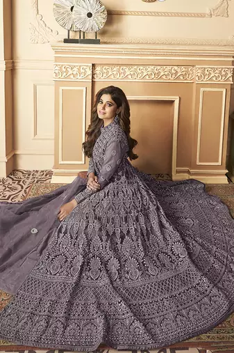 Butterfly net fabrics party wear readymade gown in wine color with embroidery work