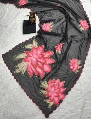 Black soft pure georgette digital print saree with khatli handwork 3