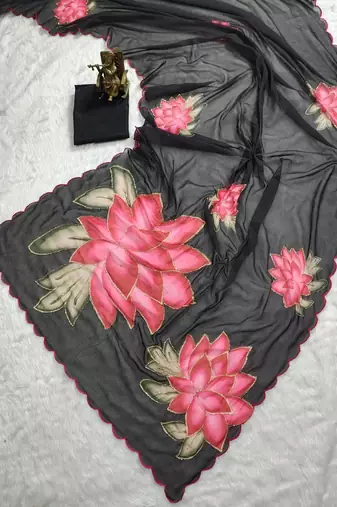 Black soft pure georgette digital print saree with khatli handwork