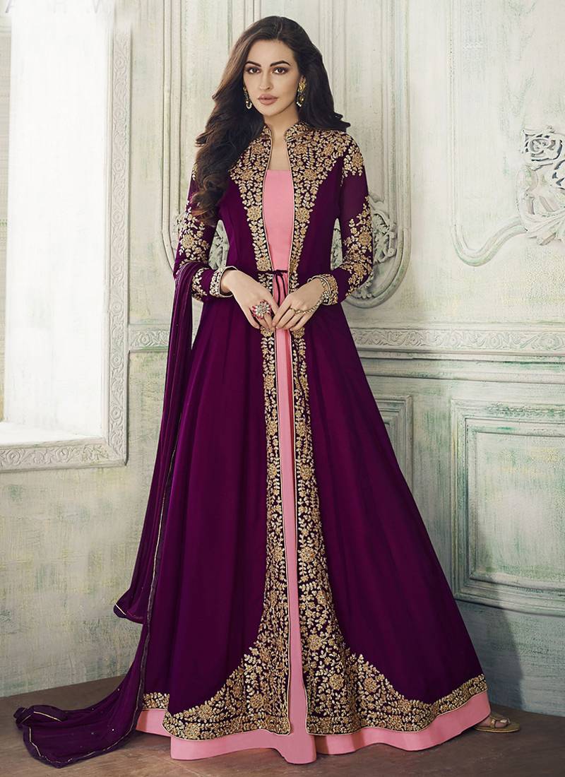 Purple hot pink color georgette party wear designer long lenth anarkali suit