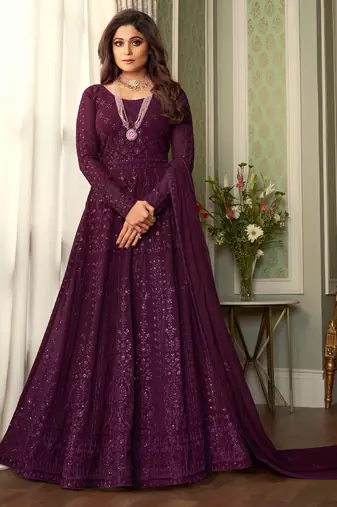 Pure georgette fabrics party wear gown in violet color with embroidery & sequance work