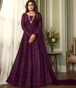 Pure georgette fabrics party wear gown in violet color with embroidery & sequance work