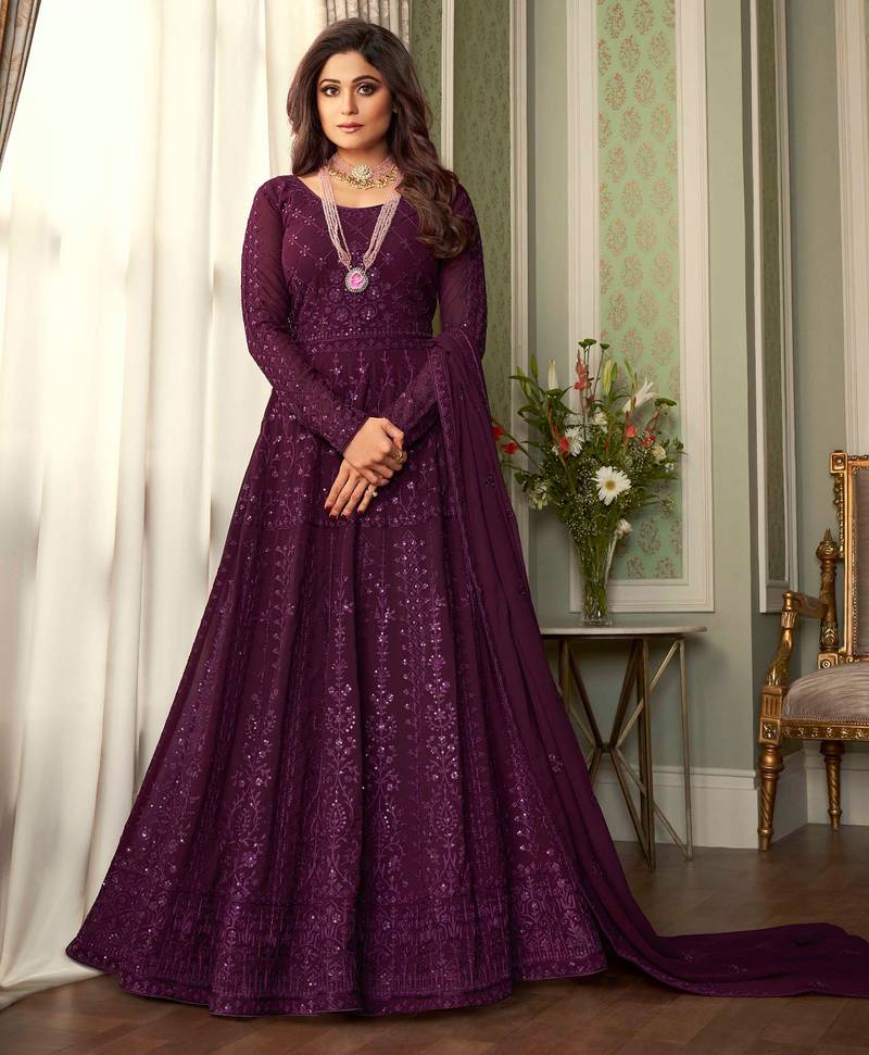 Pure georgette fabrics party wear gown in violet color with embroidery & sequance work