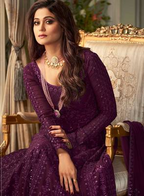 Pure georgette fabrics party wear gown in violet color with embroidery & sequance work 2