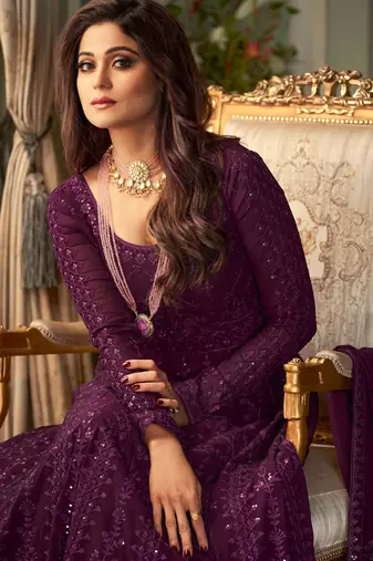 Pure georgette fabrics party wear gown in violet color with embroidery & sequance work