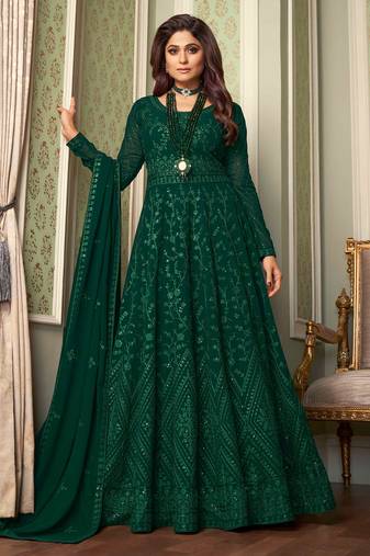 Pure georgette fabrics party wear gown in green color with embroidery & sequance work
