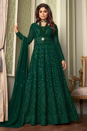 Pure georgette fabrics party wear gown in green color with embroidery & sequance work