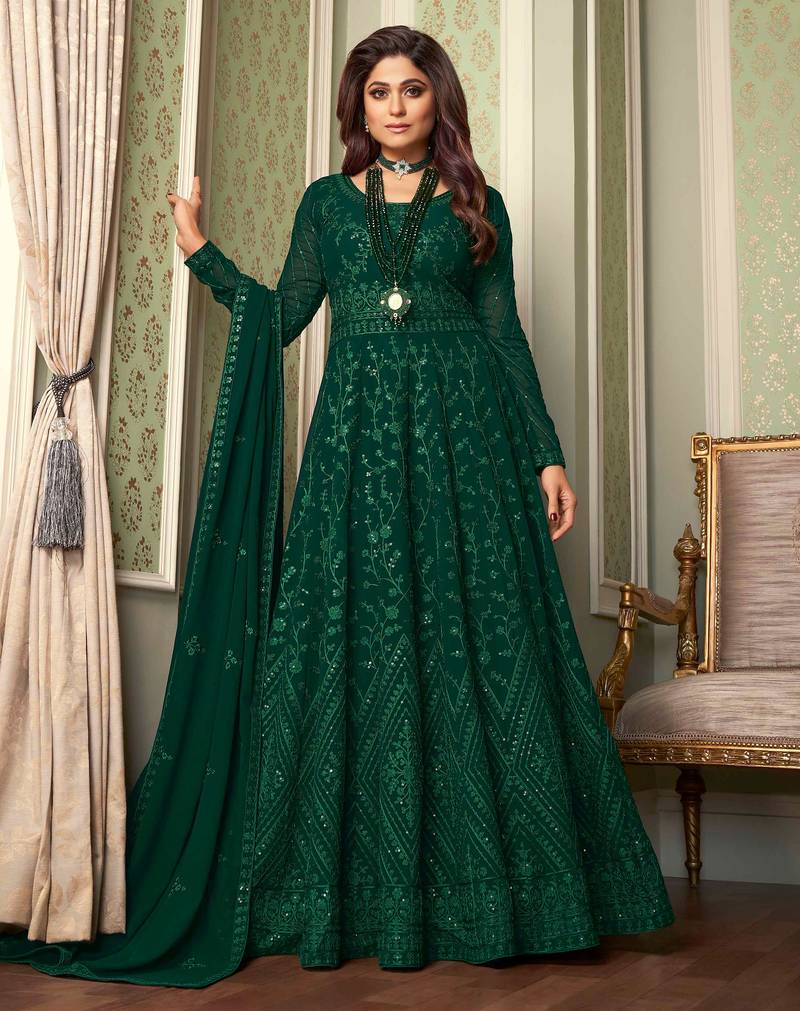 Pure georgette fabrics party wear gown in green color with embroidery & sequance work