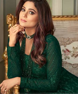 Pure georgette fabrics party wear gown in green color with embroidery & sequance work 2
