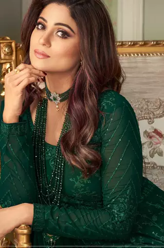 Pure georgette fabrics party wear gown in green color with embroidery & sequance work