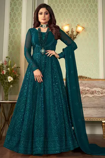 Pure georgette fabrics party wear in teal color with embroidery & sequance work