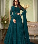 Pure georgette fabrics party wear in teal color with embroidery & sequance work